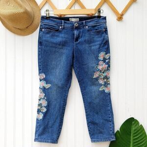 J Jill Authentic Fit Cropped Embroidered Jeans Size 4P Petite Floral Stretch